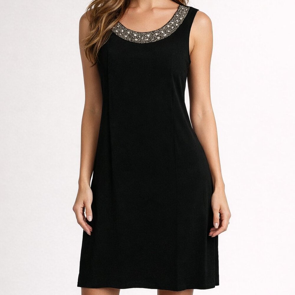R&M Richards Size 8 Black Beaded Embellished Neckline Stretch Cocktail Dress - Picture 1 of 6